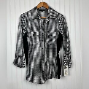 NWT ZAC & RACHEL Woven Knit Houndstooth 3/4 Sleeve Button Down Black White Lg.